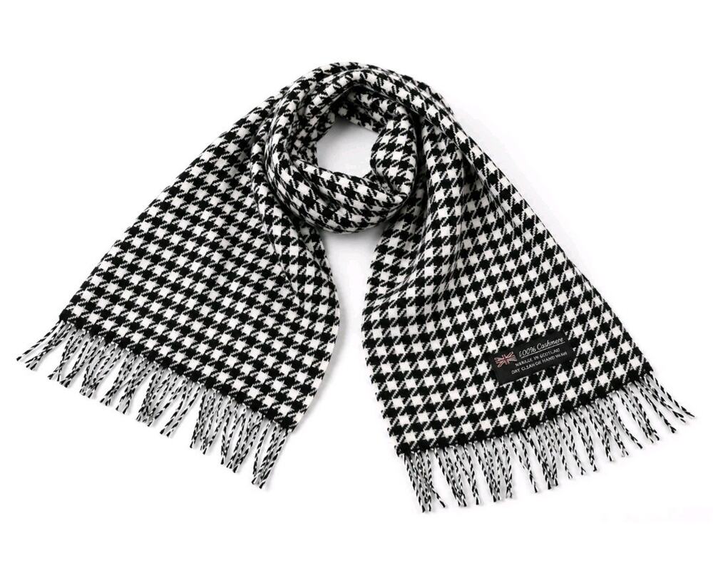 100% Cashmere Scarf Made in Scotland Black White Houndstooth Fringe Plaid